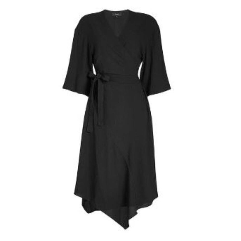 Theory Kimono Wrap Dress Black Summer Crepe Handkerchief Hem Size 4 LBD V-Neck